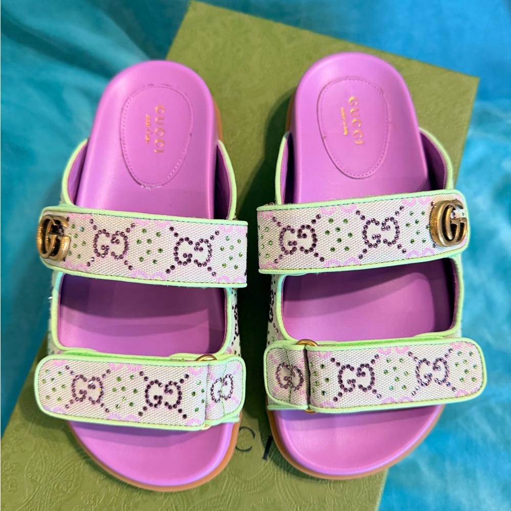 Gucci Purple and Mint Green GG Strap Sandals - Picture 2 of 8